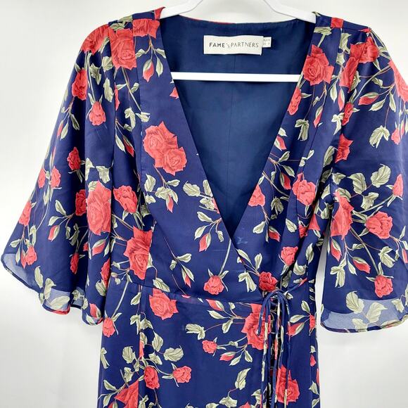 Fame AND Partners Navy Floral Multicolored Bell Sleeve Maxi Wrap Dress Women's S - Picture 4 of 11